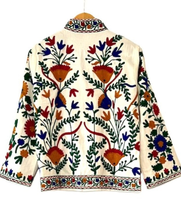 Wearable Art In This Hand Embroidered Short Jacket. (White Primary Colors)