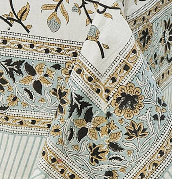 Beautiful Block Printed 100% Cotton Silver Floral Print. Tablecloth, Placemats & Napkins