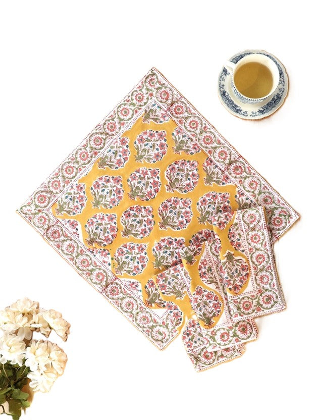 Hazel Block Print Floral Table Cloth Is Bright and Fresh (Gold and Pink)