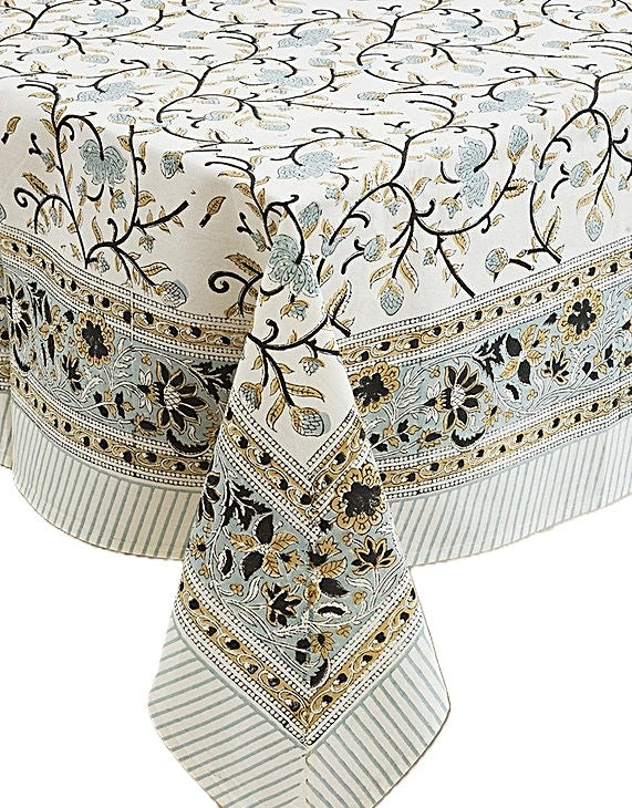 Beautiful Block Printed 100% Cotton Silver Floral Print. Tablecloth, Placemats & Napkins