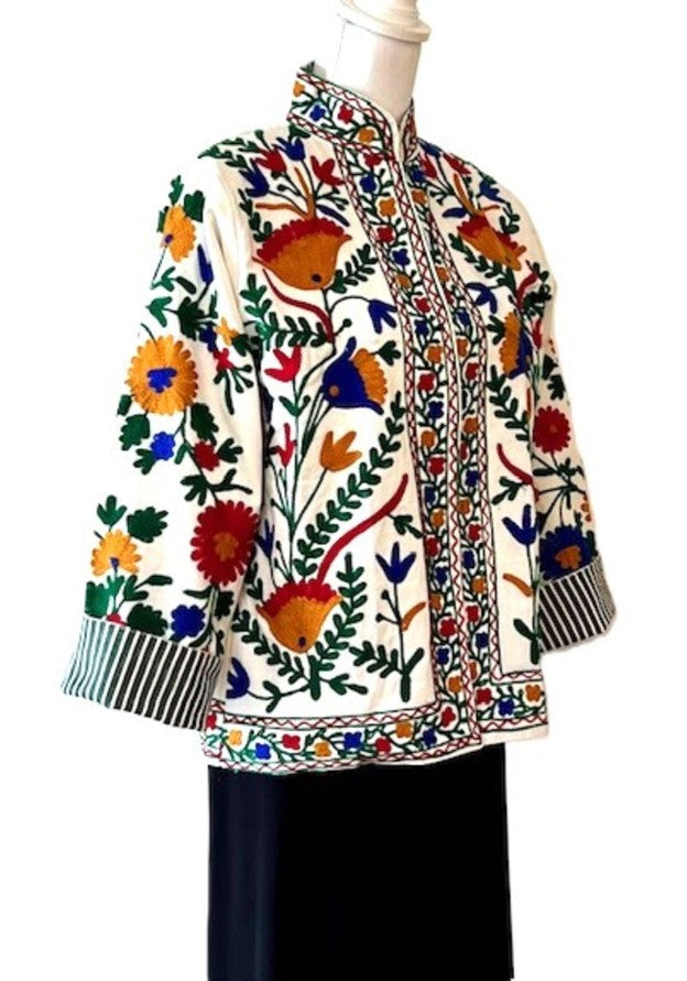 Wearable Art In This Hand Embroidered Short Jacket. (White Primary Colors)