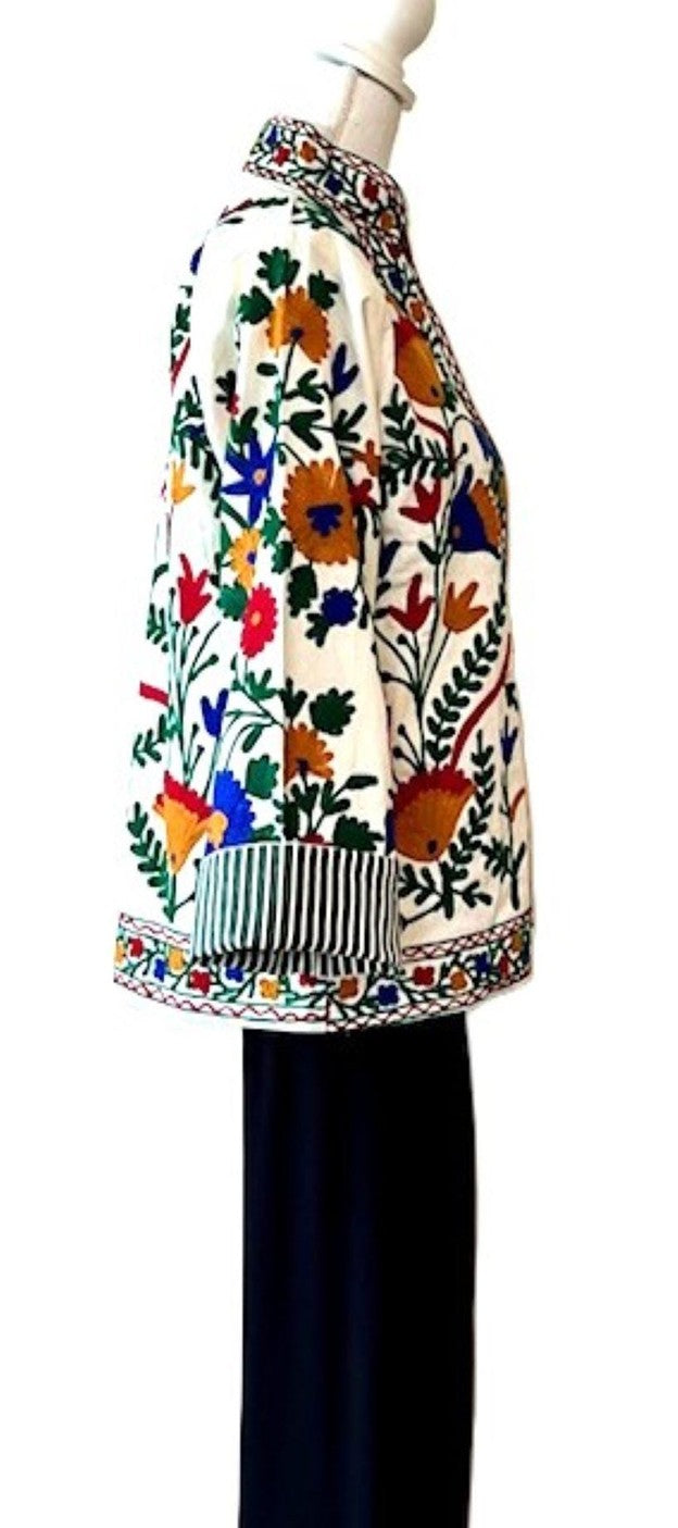 Wearable Art In This Hand Embroidered Short Jacket. (White Primary Colors)