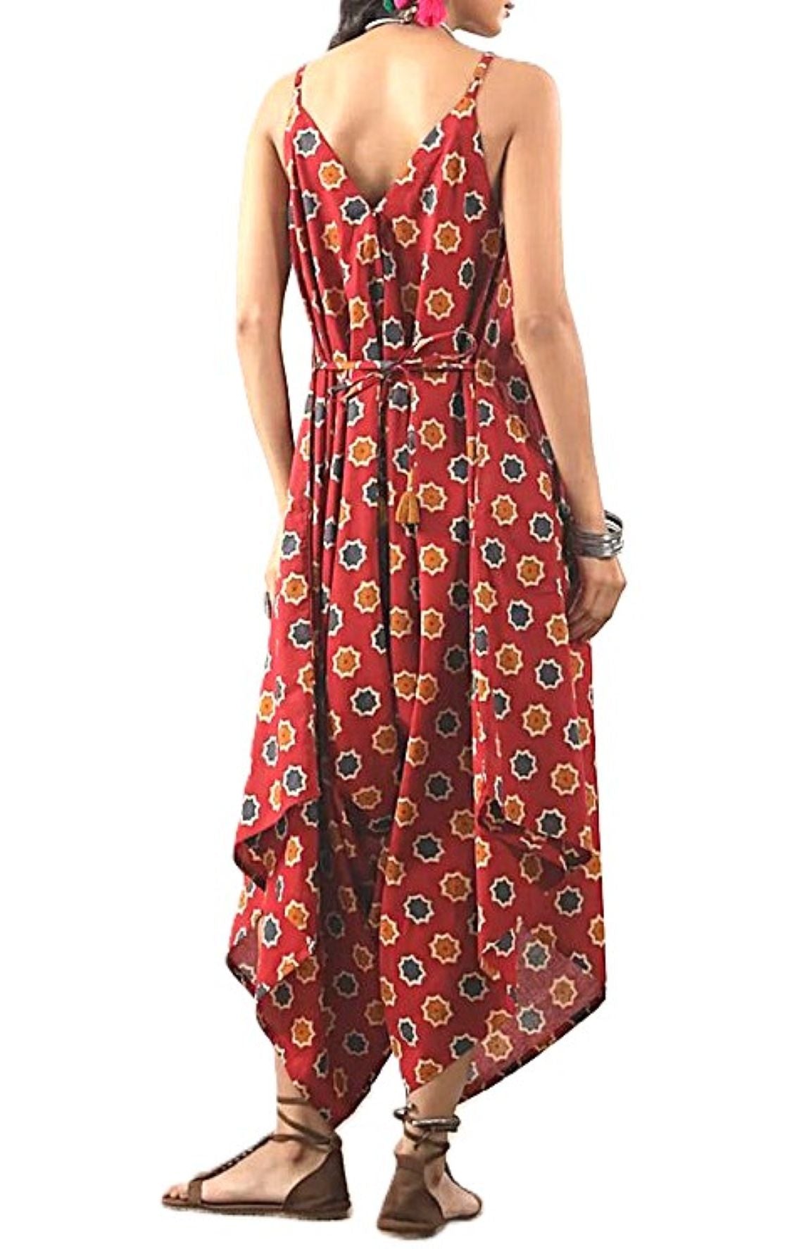 Jumpsuit, Contemporary Handblock Abstract Print In Cotton (Red)