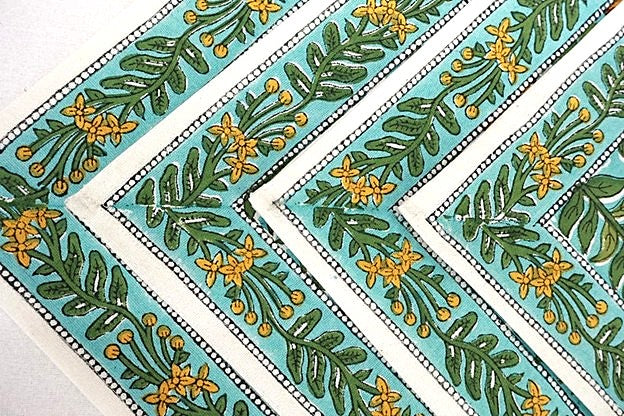 Block Print Bordered Dinner Napkins In A Beautiful Floral Print (Aqua Mint)