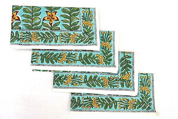 Block Print Bordered Dinner Napkins In A Beautiful Floral Print (Aqua Mint)