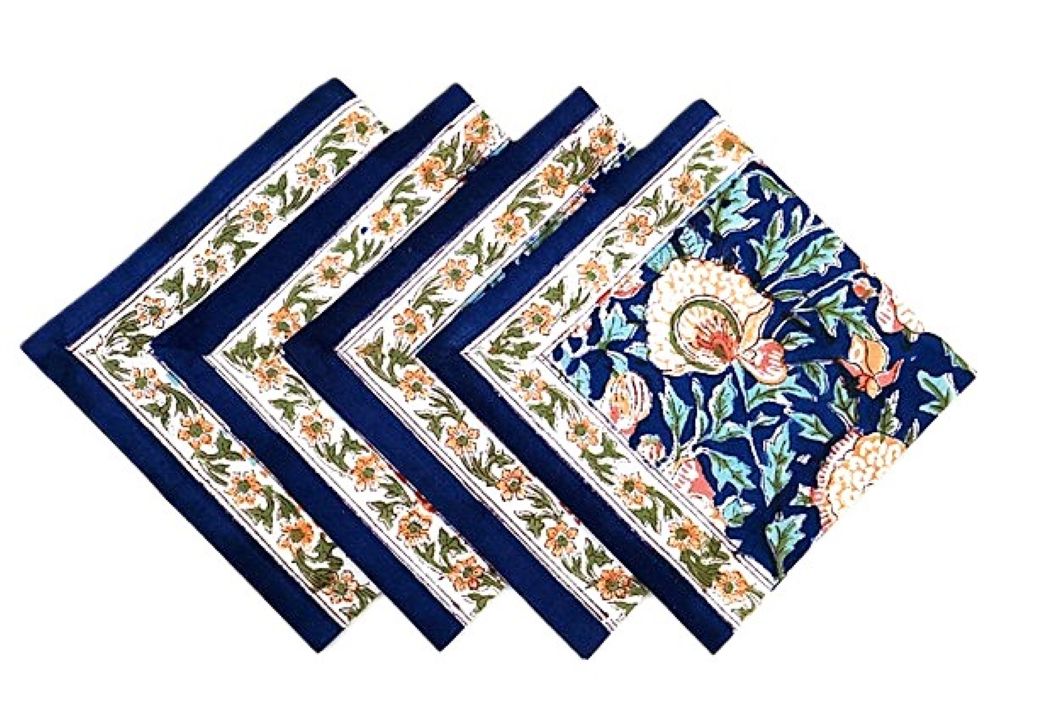 Block Print Bordered Dinner Napkins In A Complex Floral Print. (Navy Orange)