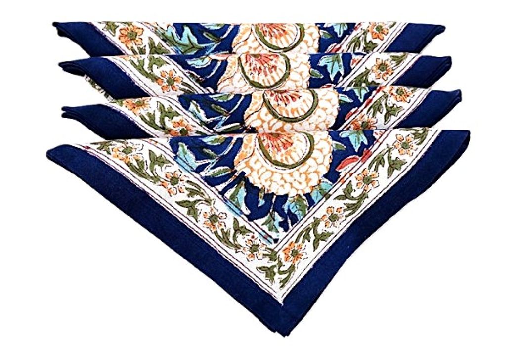 Block Print Bordered Dinner Napkins In A Complex Floral Print. (Navy Orange)