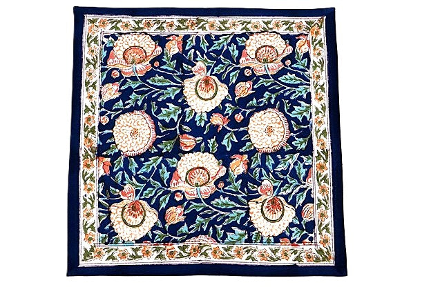 Block Print Bordered Dinner Napkins In A Complex Floral Print. (Navy Orange)