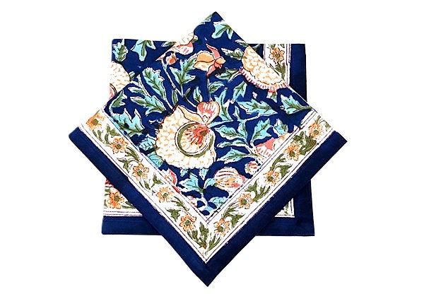 Block Print Bordered Dinner Napkins In A Complex Floral Print. (Navy Orange)