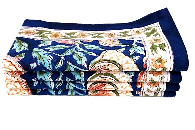Block Print Bordered Dinner Napkins In A Complex Floral Print. (Navy Orange)