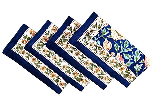 Block Print Bordered Dinner Napkins In A Complex Floral Print. (Navy Orange)