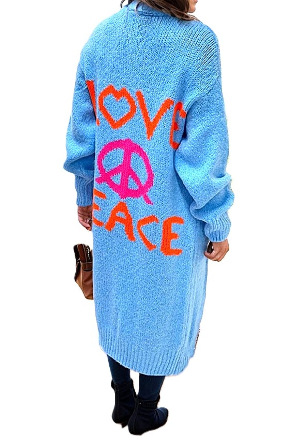 Jacket, Whimsical Love And Peace Knit Cardigan. Boho Fun. Available in 2 Colors.