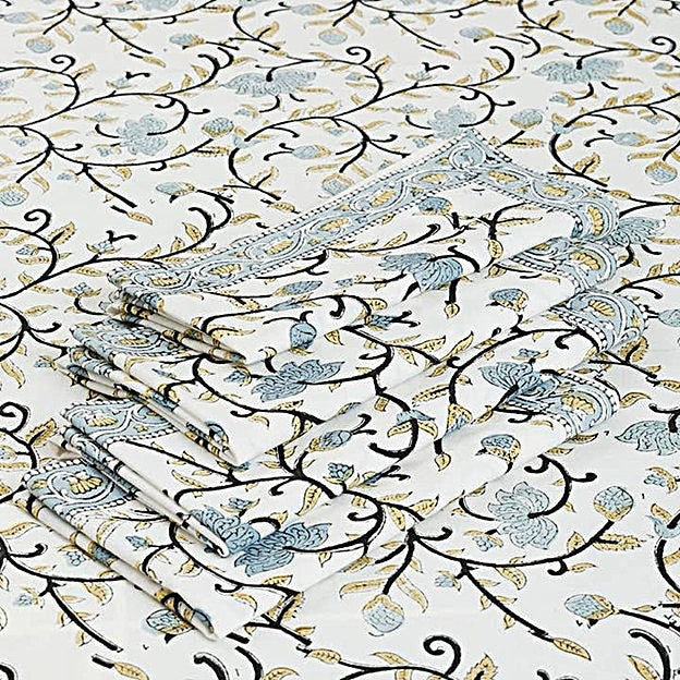 Beautiful Block Printed 100% Cotton Silver Floral Print. Tablecloth, Placemats & Napkins