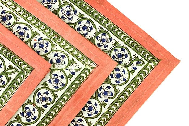 Abstract Block Print Bordered Dinner Napkins Deliver Nature To Your Table. (Orange Olive)