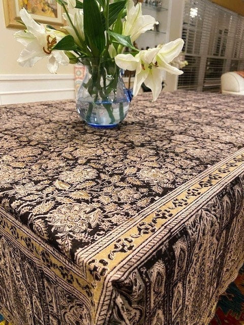 Dramatic Complex Print in Mustard and Black. (Runner, Napkins, Table Cloth)