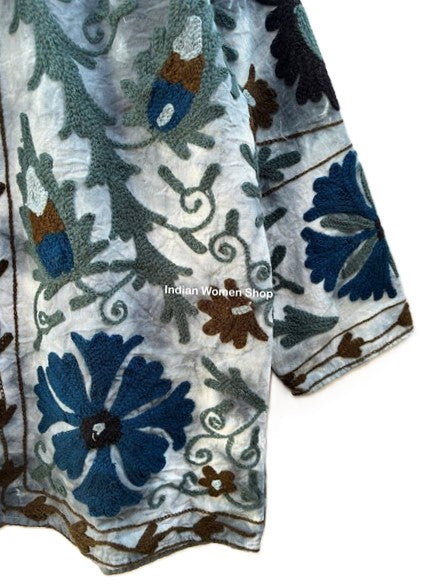 Tie Dye Cotton Suzani Jacket, Hand Embroidery Kimono (Blue)