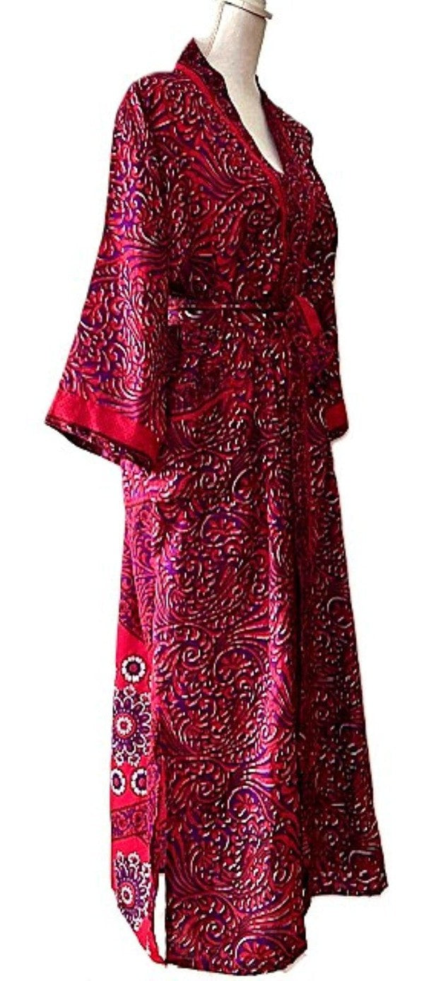 Long Silk Kimono Duster, Elegant Complex Mixed Print And Elegant (Raspberry)