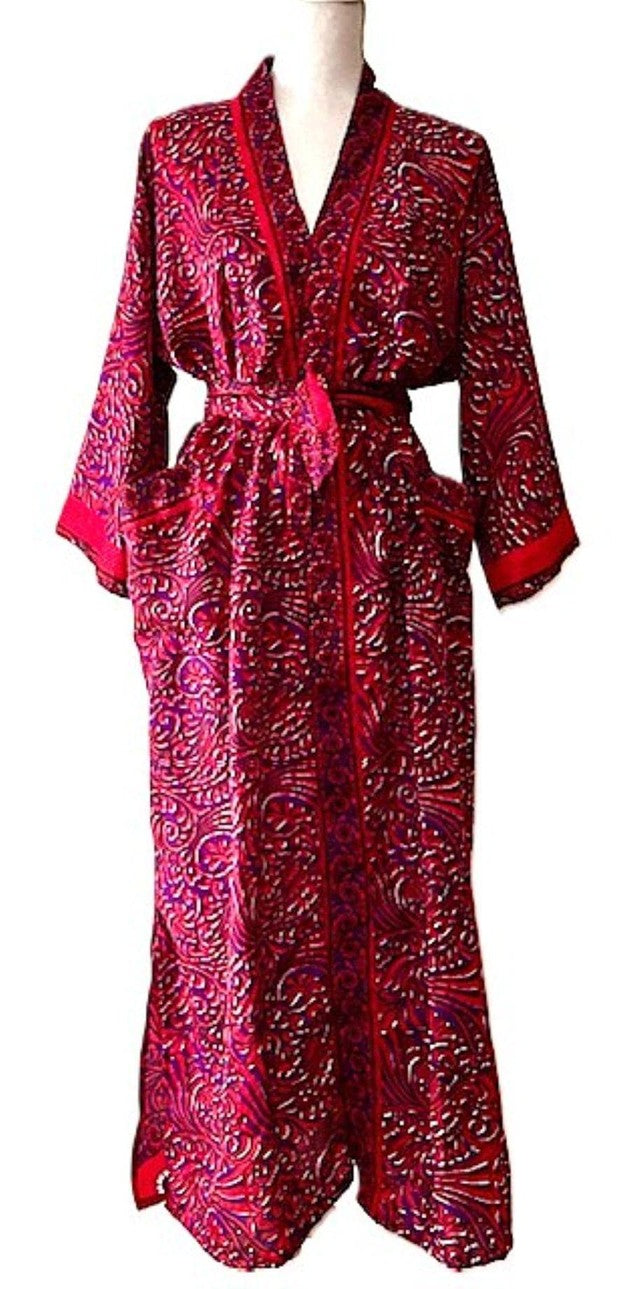 Long Silk Kimono Duster, Elegant Complex Mixed Print And Elegant (Raspberry)
