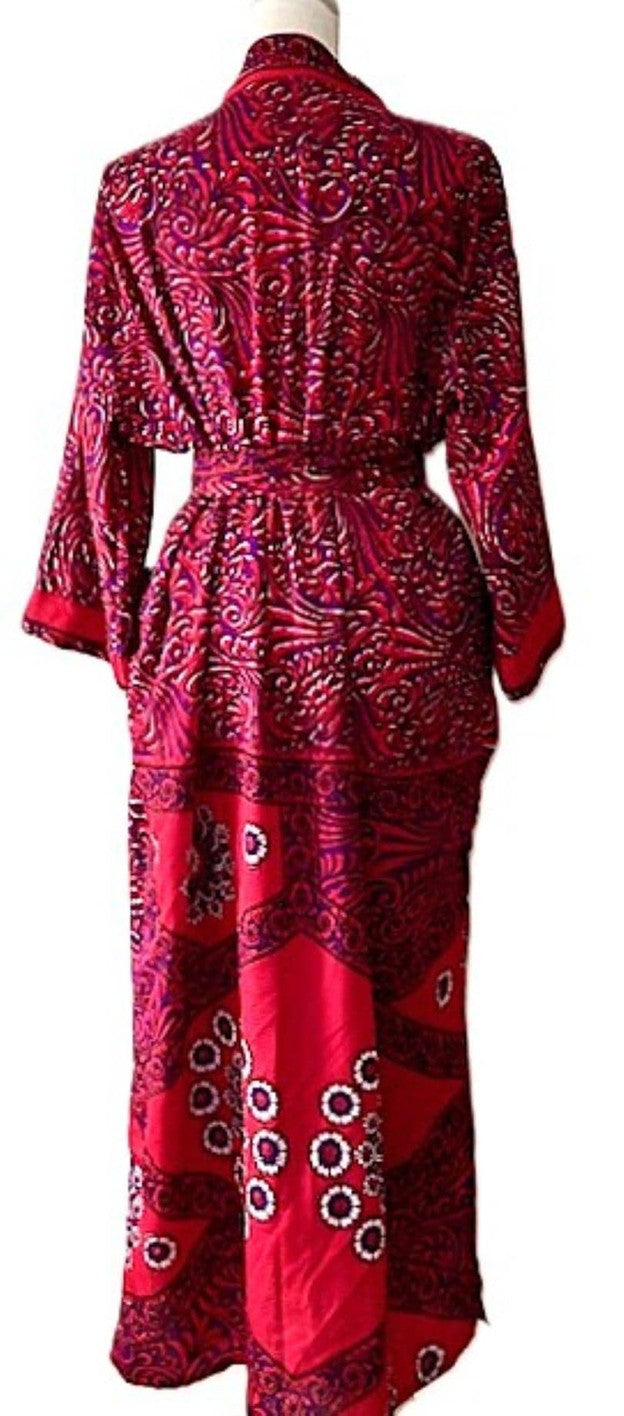 Long Silk Kimono Duster, Elegant Complex Mixed Print And Elegant (Raspberry)