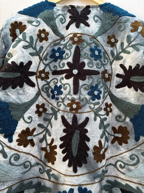 Tie Dye Cotton Suzani Jacket, Hand Embroidery Kimono (Blue)