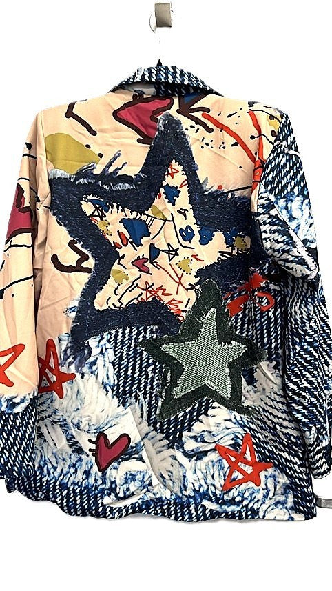 Contemporary One Size Italian Artistic Denim Graffiti Blazer. Trendy