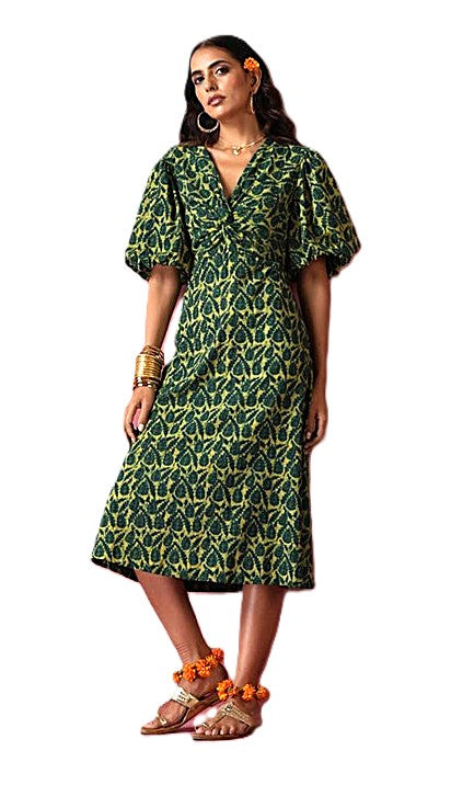 Sophisticated Block Print Maxi Dress In A Complex Print. (Green)