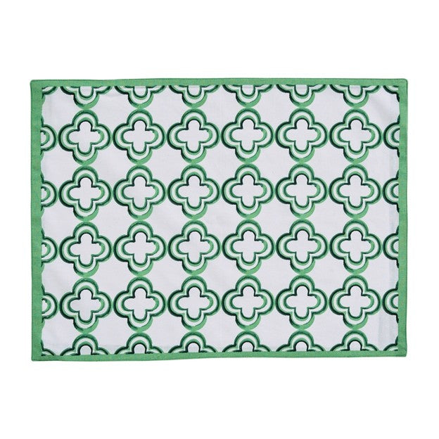 Table Linens, Geometric Placemats Fully Reversible. Green (Set of 4) Matching Napkins.