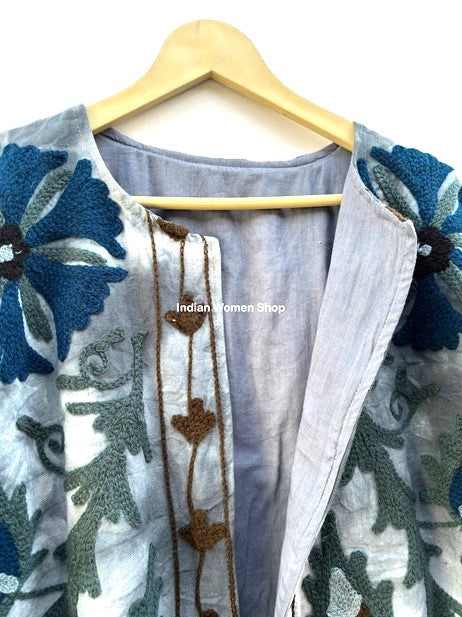 Tie Dye Cotton Suzani Jacket, Hand Embroidery Kimono (Blue)