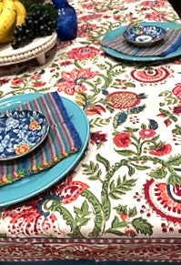 Block Printed Colorful Bouquet of Flowers Table Cloth (6 seater)