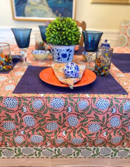 This Unusual Salmon and Navy Block Print Table Cloth (60x90) is exceptional.