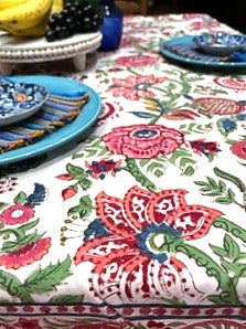 Block Printed Colorful Bouquet of Flowers Table Cloth (6 seater)