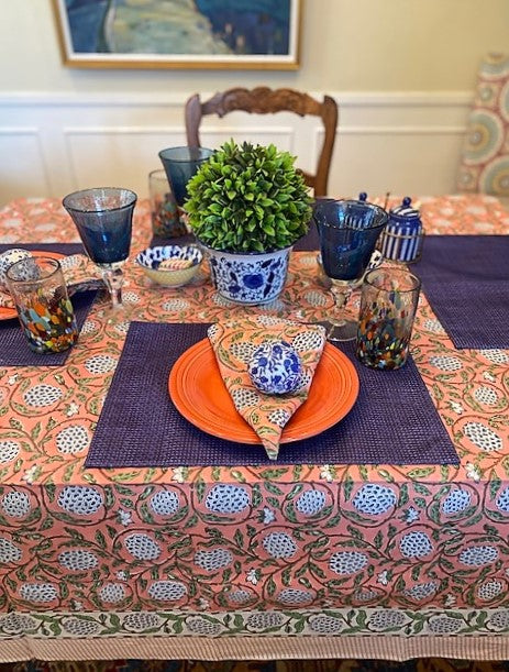This Unusual Salmon and Navy Block Print Table Cloth (60x90) is exceptional.