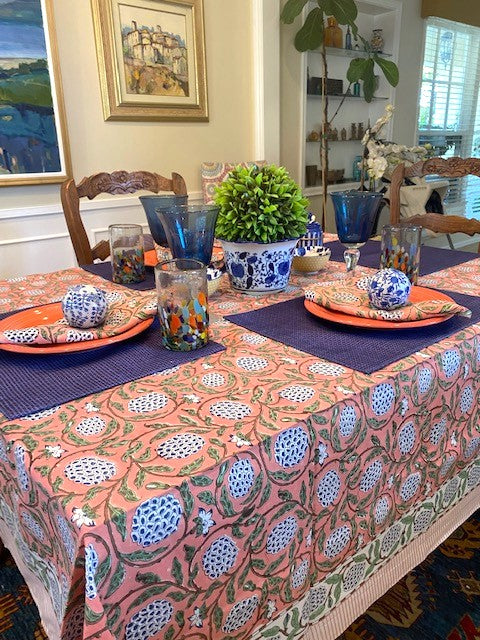 This Unusual Salmon and Navy Block Print Table Cloth (60x90) is exceptional.