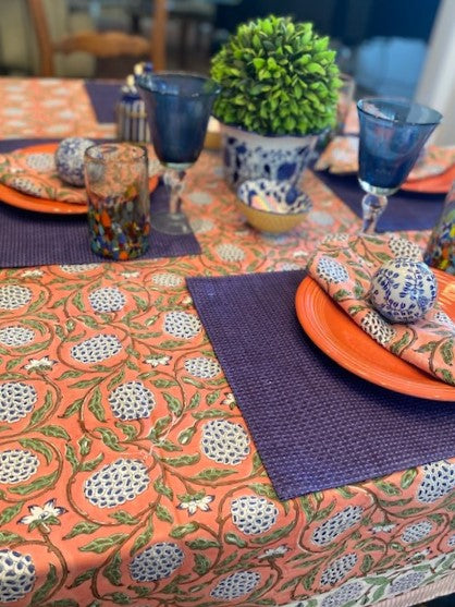 This Unusual Salmon and Navy Block Print Table Cloth (60x90) is exceptional.