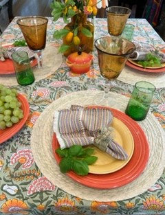 Block Printed Colorful Bouquet of Flowers Table Cloth, Green (6 seater).