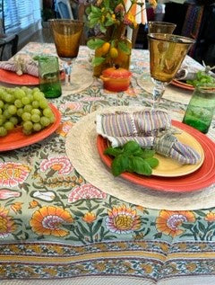 Block Printed Colorful Bouquet of Flowers Table Cloth, Green (6 seater).