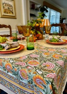 Block Printed Colorful Bouquet of Flowers Table Cloth, Green (6 seater).