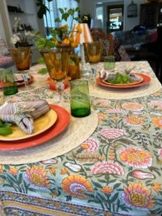 Block Printed Colorful Bouquet of Flowers Table Cloth, Green (6 seater).