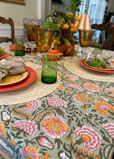 Block Printed Colorful Bouquet of Flowers Table Cloth, Green (6 seater).