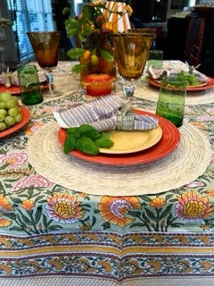 Block Printed Colorful Bouquet of Flowers Table Cloth, Green (6 seater).