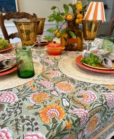 Block Printed Colorful Bouquet of Flowers Table Cloth, Green (6 seater).