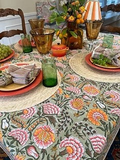 Block Printed Colorful Bouquet of Flowers Table Cloth, Green (6 seater).