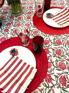 Inviting Floral Block Print Table Cloth with Stripe Border (60 x 60)