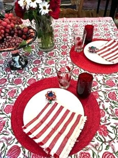 Inviting Floral Block Print Table Cloth with Stripe Border (60 x 60)