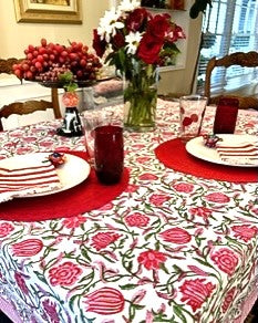 Inviting Floral Block Print Table Cloth with Stripe Border (60 x 60)