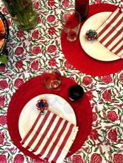 Inviting Floral Block Print Table Cloth with Stripe Border (60 x 60)