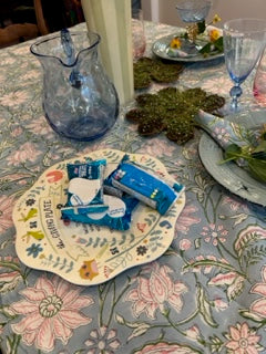 Set of Soft Pastels With 6 Mathing Napkins: Block Print Table Cloth (60 x 90)