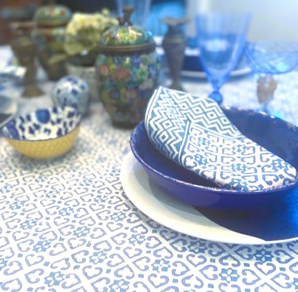 Blue Geometric Print Tablecloth is made with soft 100% cotton and is hand block printed by artisans