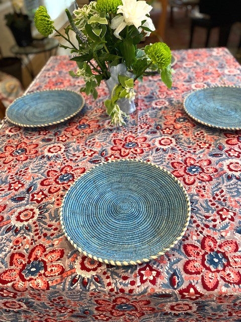 Dramatic Block Print Floral Tablecloth is On Trend. Bold, Strong Colors. (60 X 90)