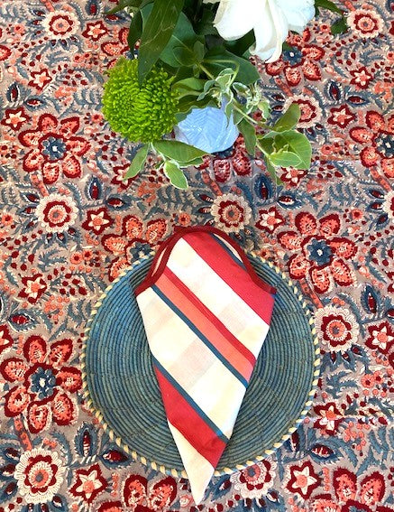 Dramatic Block Print Floral Tablecloth is On Trend. Bold, Strong Colors. (60 X 90)